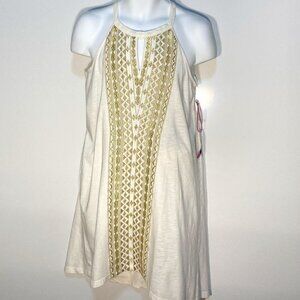 Half Moon SZ L NWT Ivory knit halter inspired gold metallic embroidered dress